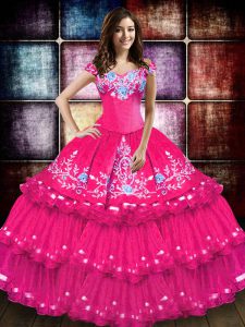 Best Selling Sleeveless Floor Length Embroidery and Ruffled Layers Lace Up Sweet 16 Quinceanera Dress with Hot Pink