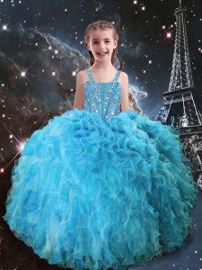 Customized Aqua Blue Lace Up Straps Beading and Ruffles Little Girls Pageant Dress Organza Sleeveless