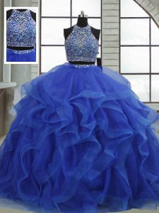 Attractive Halter Top Sleeveless Organza Sweet 16 Dresses Beading and Ruffles Lace Up