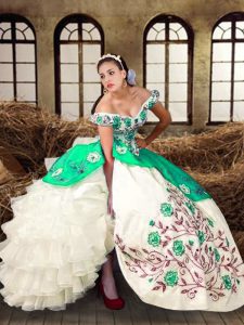 Sweet Sleeveless Taffeta Floor Length Lace Up Quinceanera Gowns in Multi-color with Embroidery and Ruffled Layers