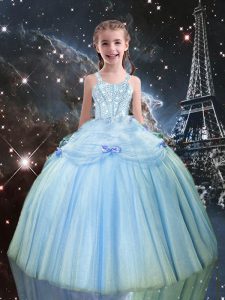 Light Blue Lace Up Straps Beading Little Girls Pageant Dress Wholesale Tulle Sleeveless