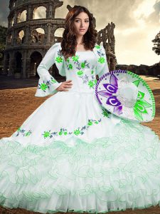 Graceful White Long Sleeves Embroidery and Ruffled Layers Floor Length Sweet 16 Dresses