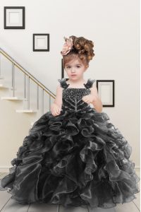Wonderful Black Organza Lace Up Little Girl Pageant Gowns Sleeveless Floor Length Beading and Ruffles