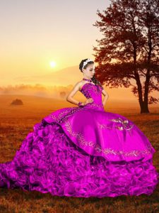 Fuchsia Lace Up Sweetheart Embroidery and Ruffles Quinceanera Dresses Organza Sleeveless Brush Train