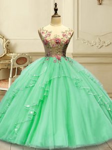 Fantastic Green Lace Up Scoop Appliques 15th Birthday Dress Tulle Sleeveless