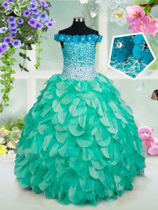 Fashionable Off the Shoulder Organza Sleeveless Floor Length Little Girl Pageant Dress and Beading and Appliques and Ruffles