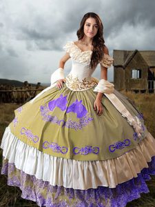 Multi-color Taffeta Lace Up Off The Shoulder Sleeveless Quinceanera Gown Brush Train Embroidery and Ruffled Layers