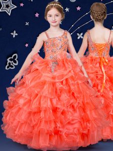 Organza Asymmetric Sleeveless Lace Up Beading and Ruffled Layers Kids Pageant Dress in Orange