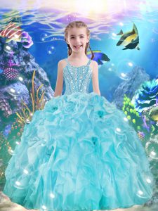 Fashion Aqua Blue Organza Lace Up Little Girls Pageant Gowns Sleeveless Floor Length Beading and Ruffles