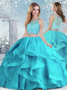 Floor Length Aqua Blue Sweet 16 Dress Organza Sleeveless Beading and Ruffles