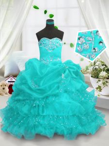 Gorgeous Aqua Blue Ball Gowns Beading and Ruffled Layers and Pick Ups Little Girl Pageant Gowns Lace Up Organza Sleeveless Floor Length
