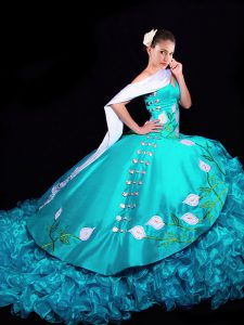 Smart Aqua Blue Organza Lace Up Sweetheart Sleeveless 15 Quinceanera Dress Brush Train Embroidery and Ruffles