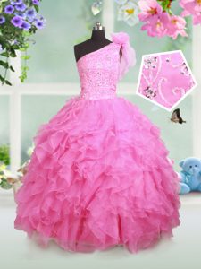 One Shoulder Rose Pink Ball Gowns Beading and Ruffles and Hand Made Flower Little Girls Pageant Gowns Lace Up Organza Sleeveless Floor Length