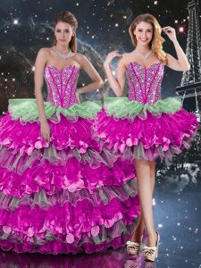 Customized Sleeveless Lace Up Floor Length Beading and Ruffles and Ruffled Layers Vestidos de Quinceanera