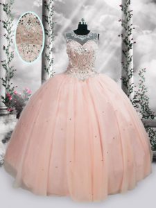 Noble Pink Tulle Lace Up Quinceanera Gowns Sleeveless Floor Length Beading and Sequins