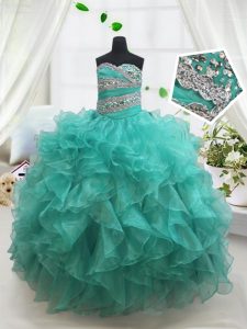 Floor Length Lace Up Child Pageant Dress Turquoise for Quinceanera and Wedding Party with Beading and Ruffles
