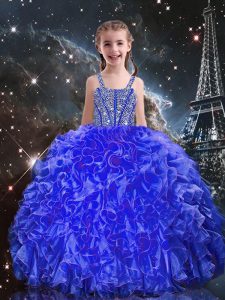 Dazzling Straps Sleeveless Child Pageant Dress Floor Length Beading and Ruffles Royal Blue Organza
