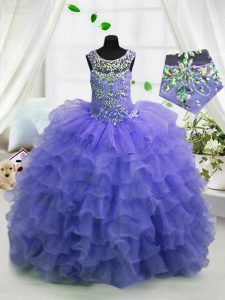 Scoop Lavender Lace Up Kids Pageant Dress Beading and Ruffled Layers Sleeveless Floor Length