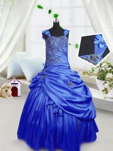 Pick Ups Floor Length Royal Blue Little Girls Pageant Gowns Straps Sleeveless Lace Up