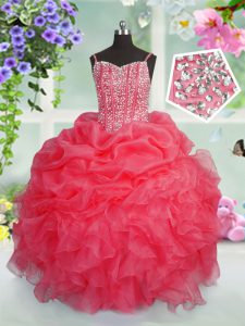 Customized Rose Pink Ball Gowns Organza Spaghetti Straps Sleeveless Beading and Ruffles and Pick Ups Floor Length Lace Up Kids Pageant Dress