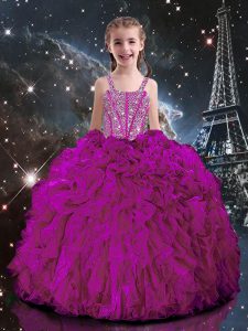 Adorable Organza Straps Short Sleeves Lace Up Beading and Ruffles Little Girls Pageant Dress in Fuchsia
