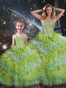 Multi-color Lace Up Sweetheart Beading and Ruffled Layers and Sequins Sweet 16 Dress Organza Sleeveless