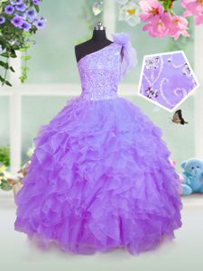 New Style One Shoulder Sleeveless Little Girls Pageant Gowns Floor Length Beading and Ruffles Lavender Organza