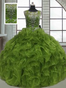 Custom Designed Olive Green Sleeveless Floor Length Beading and Ruffles Lace Up Sweet 16 Dresses