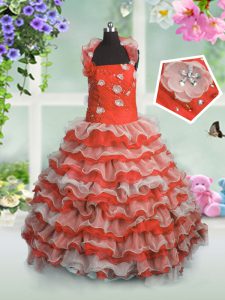 Wonderful Floor Length Coral Red Little Girls Pageant Dress Organza Sleeveless Beading and Appliques and Ruffled Layers