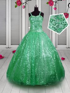 Green Lace Up Straps Sequins Pageant Gowns For Girls Sequined Sleeveless