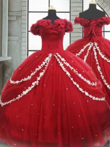Wine Red Sleeveless Appliques and Pick Ups Lace Up Quinceanera Dresses