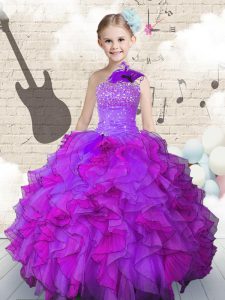 Ball Gowns Little Girl Pageant Dress Purple One Shoulder Organza Sleeveless Floor Length Lace Up