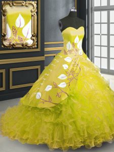 Best Yellow Quinceanera Gown Organza Brush Train Sleeveless Embroidery and Ruffles