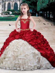 Straps Sleeveless Organza and Taffeta Floor Length Lace Up Little Girls Pageant Dress Wholesale in White and Wine Red with Beading and Appliques and Ruffles and Pick Ups