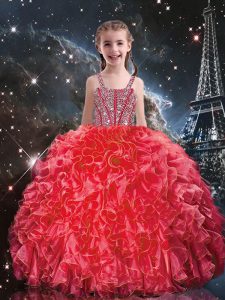 Organza Straps Sleeveless Lace Up Beading and Ruffles Little Girl Pageant Gowns in Coral Red