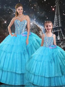 Flirting Floor Length Lace Up Sweet 16 Dress Aqua Blue for Military Ball and Sweet 16 and Quinceanera with Ruffled Layers and Sequins