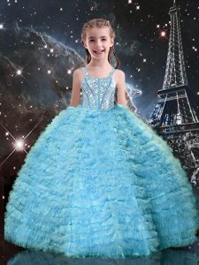 Sleeveless Tulle Floor Length Lace Up Child Pageant Dress in Aqua Blue with Beading and Ruffled Layers