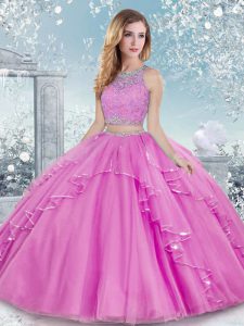 On Sale Lilac Two Pieces Tulle Scoop Sleeveless Beading and Lace Floor Length Clasp Handle Vestidos de Quinceanera