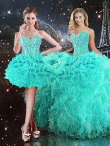 Custom Designed Sleeveless Floor Length Beading and Ruffles Lace Up Sweet 16 Dresses with Turquoise