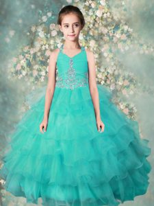 Perfect Ruffled Ball Gowns Child Pageant Dress Turquoise Halter Top Organza Sleeveless Floor Length Zipper