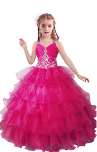 Ball Gowns Little Girls Pageant Gowns Fuchsia V-neck Organza Sleeveless Floor Length Zipper