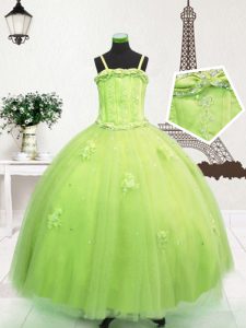 Gorgeous Yellow Green Spaghetti Straps Zipper Beading and Appliques Little Girls Pageant Gowns Sleeveless