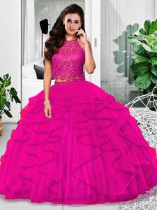 New Arrival Halter Top Sleeveless Zipper Quinceanera Gown Fuchsia Tulle