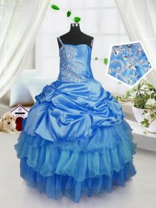 Trendy Floor Length Baby Blue Little Girls Pageant Dress Wholesale Organza Sleeveless Beading and Ruffled Layers and Pick Ups