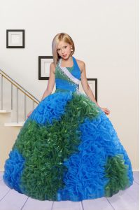 Halter Top Sleeveless Child Pageant Dress Floor Length Beading and Ruffles Blue and Dark Green Fabric With Rolling Flowers