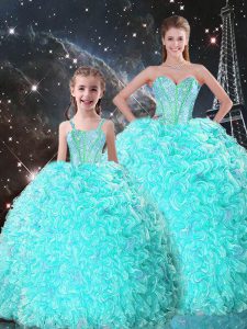 Glamorous Turquoise Ball Gowns Organza Sweetheart Sleeveless Beading and Ruffles Floor Length Lace Up 15th Birthday Dress