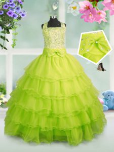 Sleeveless Zipper Floor Length Beading and Ruffled Layers Pageant Gowns For Girls
