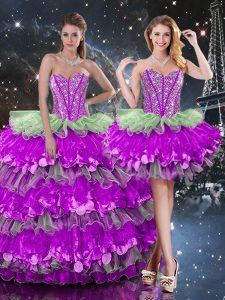 Classical Multi-color Lace Up Quinceanera Gown Beading and Ruffles and Ruffled Layers Sleeveless Floor Length