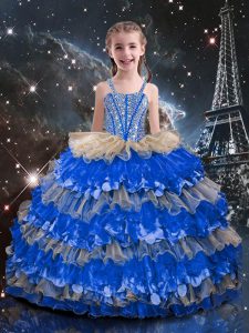 High Class Organza Sleeveless Floor Length Kids Formal Wear and Beading and Ruffled Layers