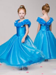 Custom Designed Blue Ball Gowns Tulle Off The Shoulder Cap Sleeves Appliques Ankle Length Zipper Kids Pageant Dress